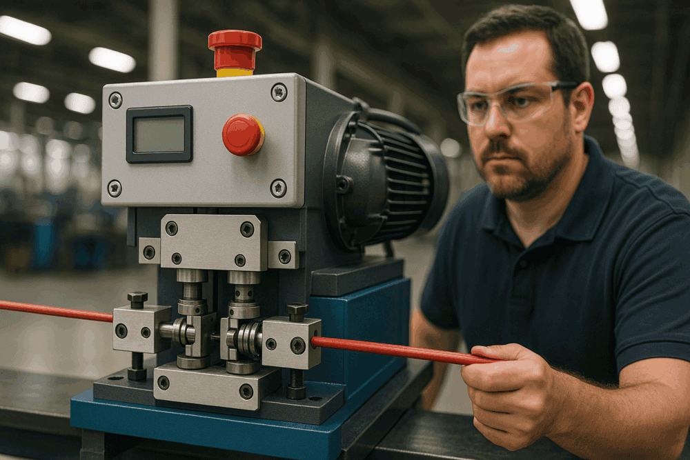 Man using an inline wire stripping machine
