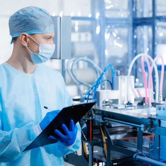Factory worker in PPE operating machinery in a pharmaceutical production line.